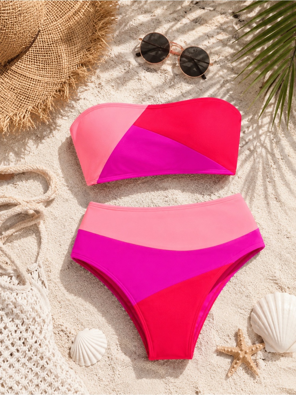 Popvil Colorblock Bikini Set XL Pink Neon High Waist Swimwear NWT